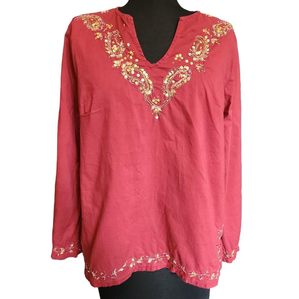 Maroon Sequence/Bead Design Top 100% Cotton Sie XL